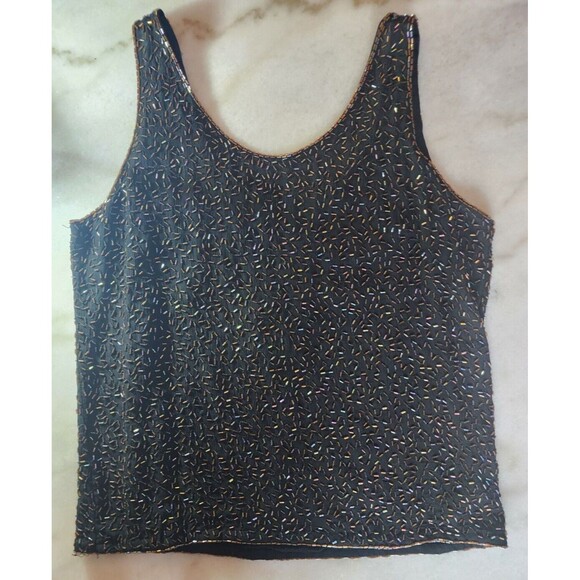 Vintage Judith Anne Creations Small 100% Silk Black & Gold Beaded Flowy Tank Top - Picture 2 of 14
